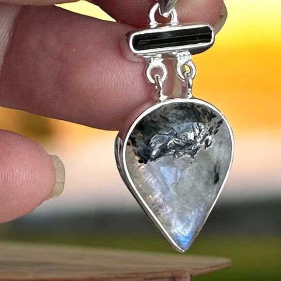 Natural Black Tourmaline In Rainbow Moonstone Sterling Silver Pendant - Picture 10 of 13